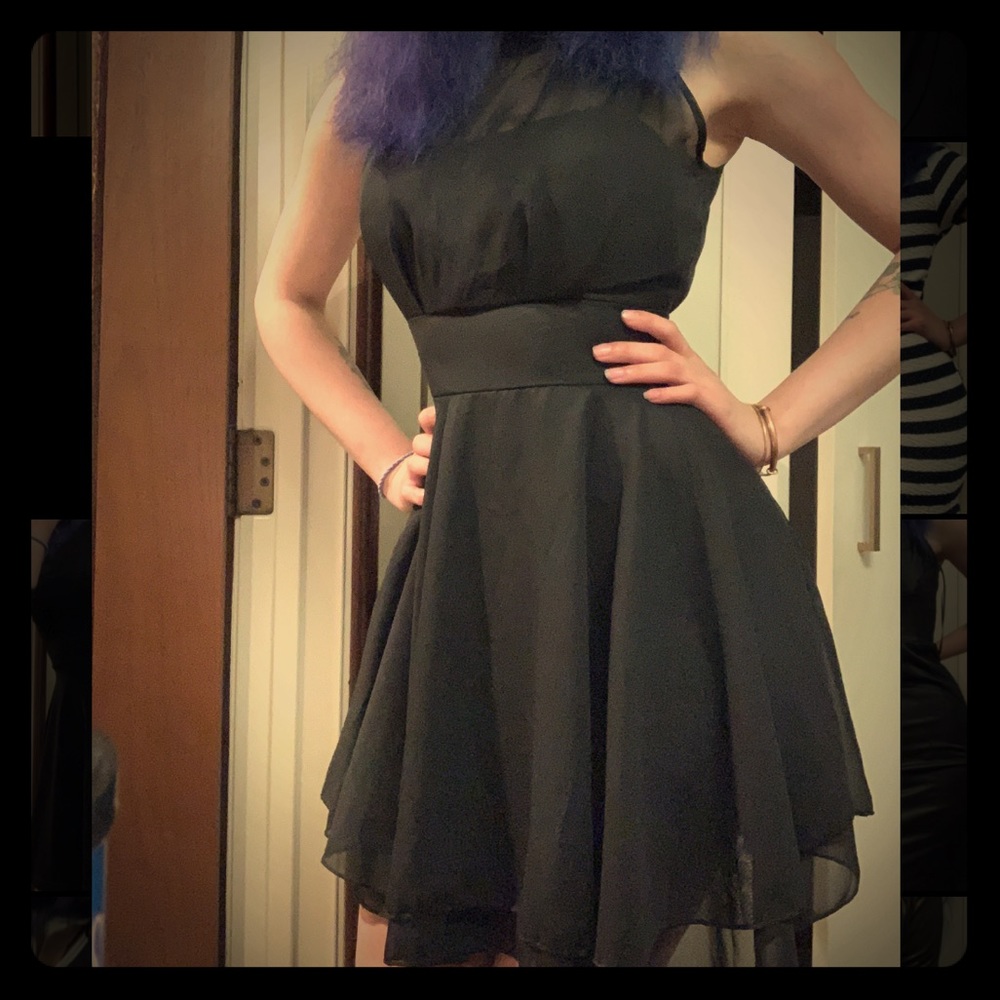 Black Fit and Flare Mesh Halter Dress